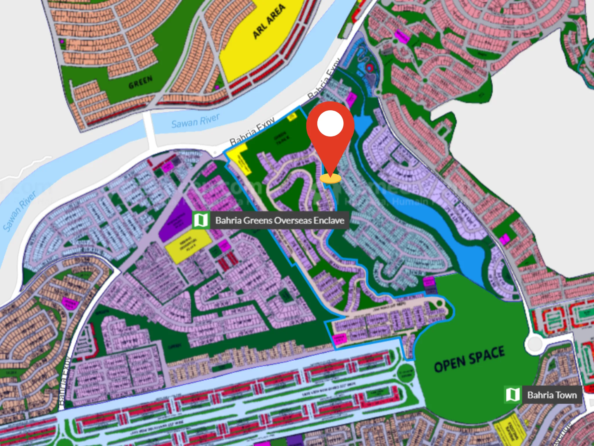 Satellite view of a 1 Kanal plot location in Bahria Town Phase 8, Overseas 3 with nearby locations and amenities marked on Google Maps.