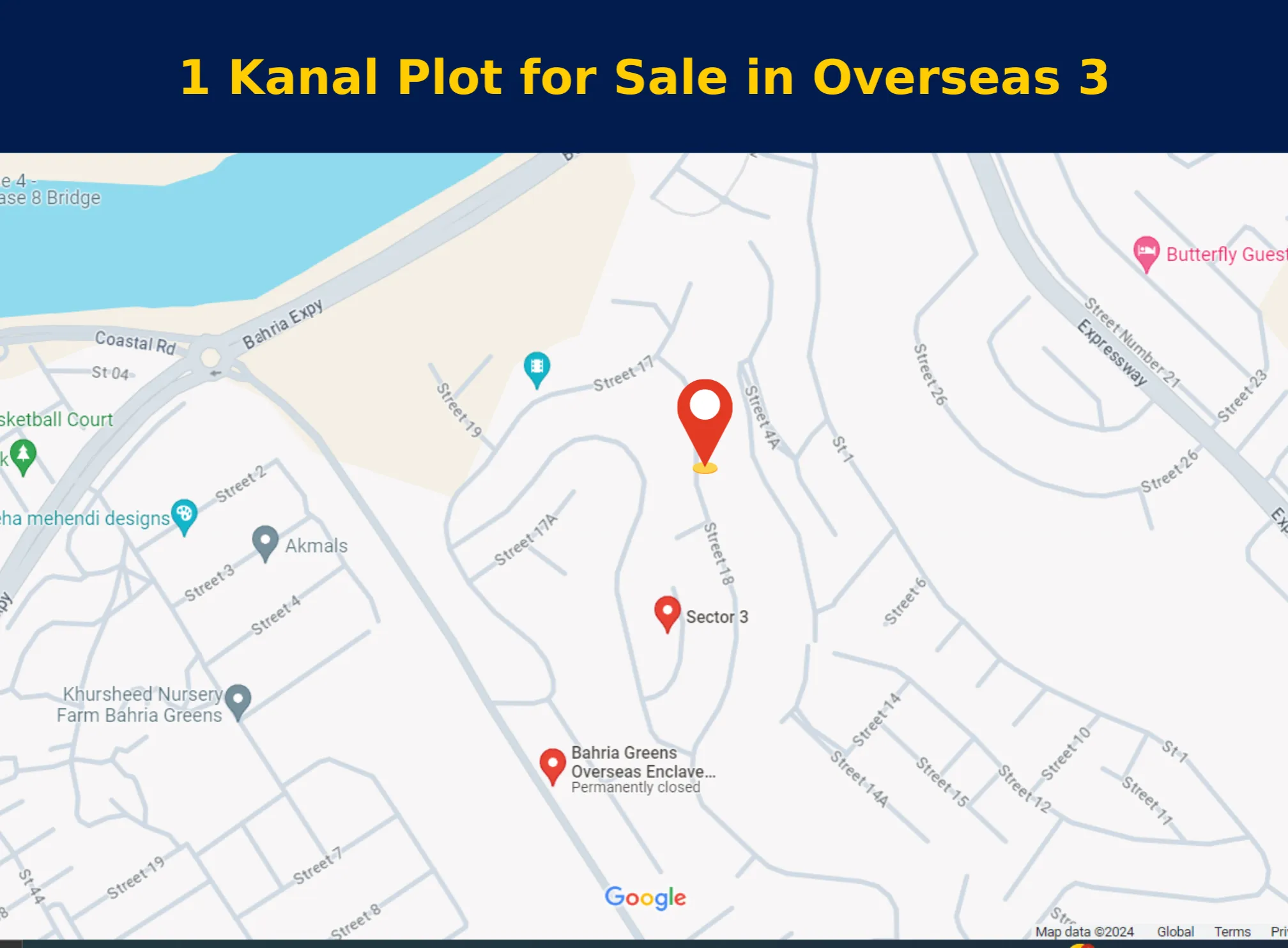 Society map showing the exact location of a 1 Kanal plot in Bahria Town Phase 8, Overseas 3 with plot and street numbers.