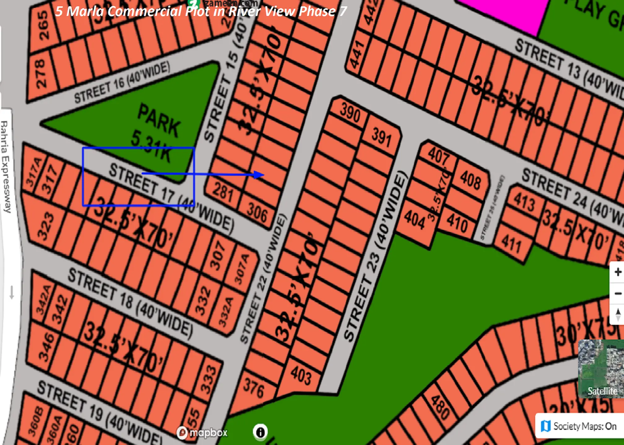 Front view of a 5 Marla commercial plot located in River View Commercial, Bahria Town Phase 7