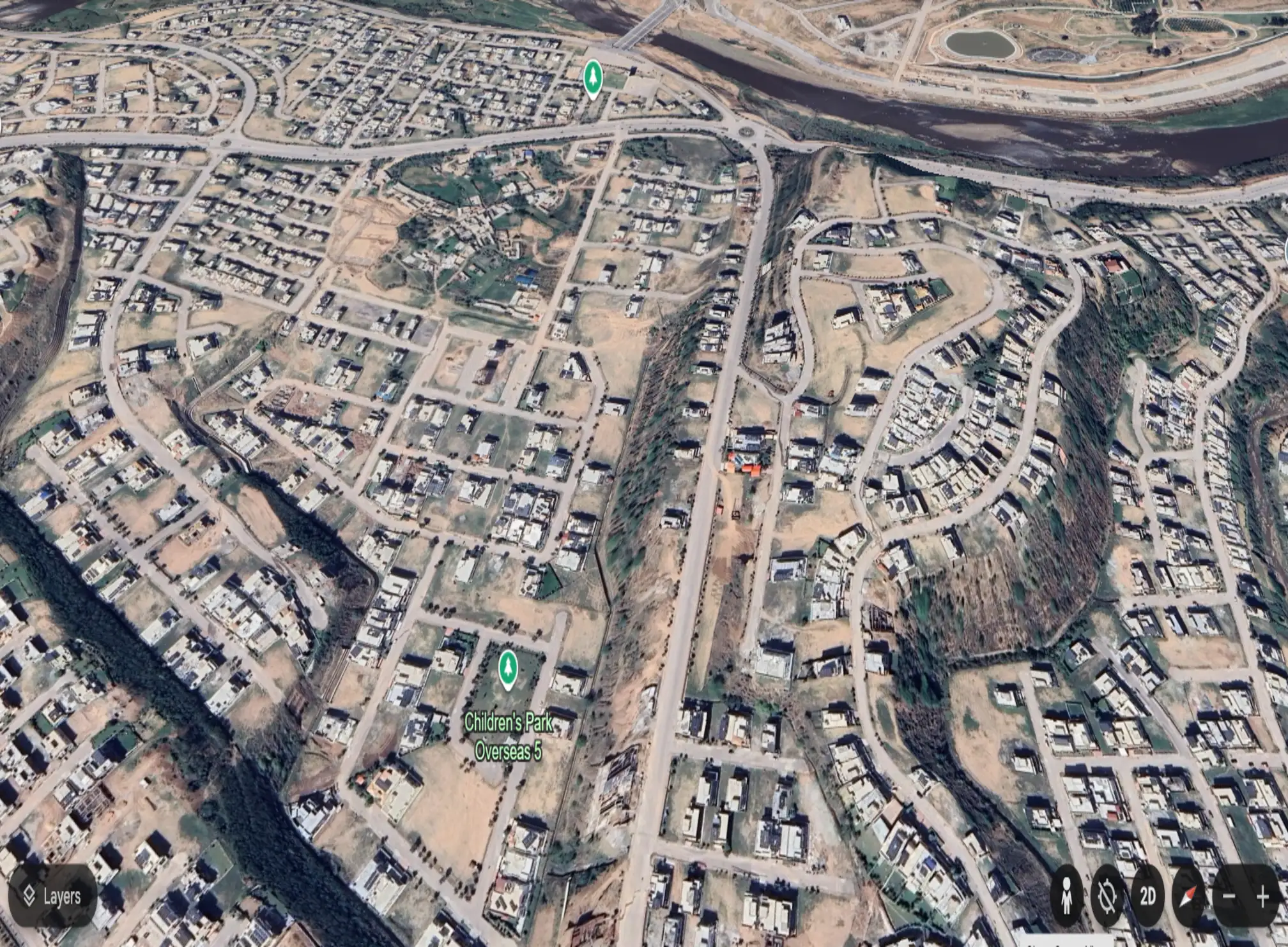 3D aerial view of Bahria Town Overseas 5 in Phase 8, highlighting residential plots and modern infrastructure.